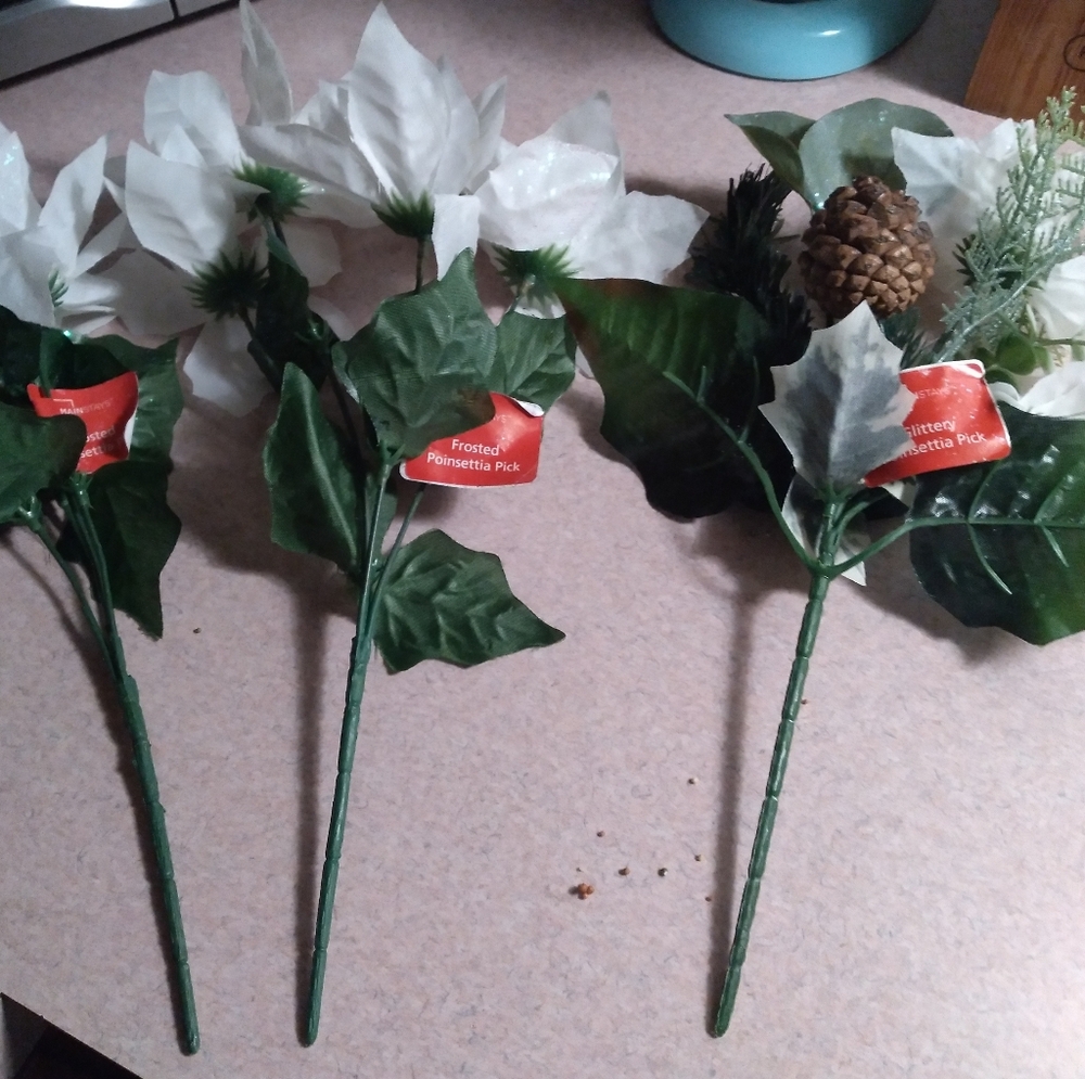 Walmart Frosted Glittery Poinsettia Picks Lot (3)